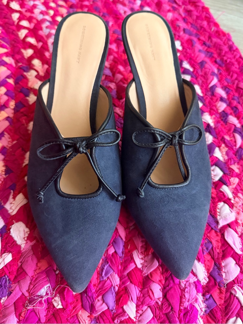 Something Navy Pointed-Toe Slip-On Mules with Bow Cutout